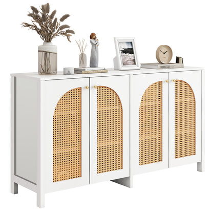 Modern Minimalist Sideboard Cabinet - White & Metallic Accents, Non-Wood Freestanding Storage with 4 Rattan Doors, Spacious 3.2+ Cu Ft Capacity for Living Room, Dining Room, Kitchen - Easy Assembly Required, Home Organization