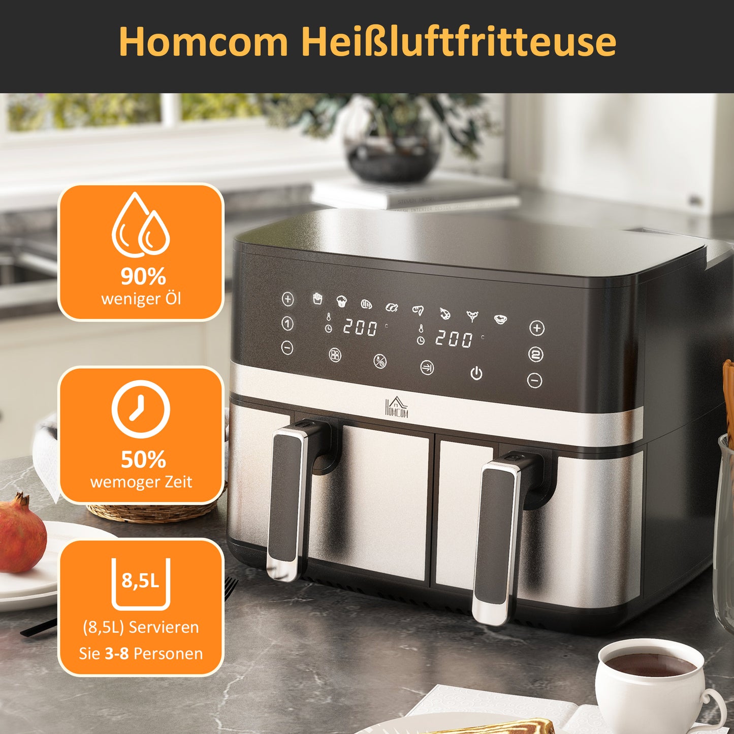 Airfryer – Heteluchtfriteuse – Luchtfriteuse – Friteuse – Airfryer Oven – 2700 Watt – 8 Instelbare Programma’s – Zwart-Zilver – Compacte Maat 41,8x39,2x31,1 cm