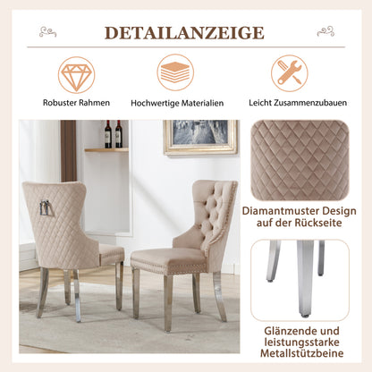 Dining room chair Kitchen chair Living room chair with unique door knocker on the back 2pcs Upholstered chair with nail head trim Support legs made of metal Cover made of beige velvet, Kitchen Seating, Vintage Style Chair, Cl