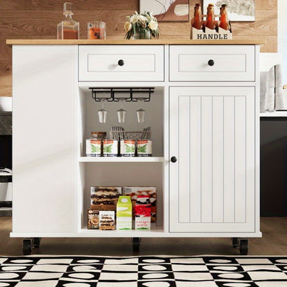 Keukeneiland – Keukenkast – Eilandwagen – Buffetkast – Dressoir – Met Verwijderbare Scheidingswanden – Houten Werkblad – Met Snackbarhouder en Wijnglasrek – Wit