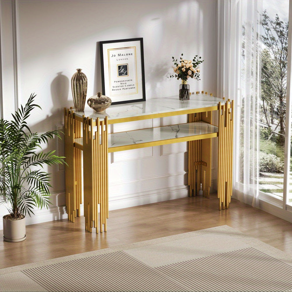 Sidetable – Consoletafel – Wandtafel – Haltafel – Bijzettafel – Mid-Century Modern – Wit MDF Met Gouden Poten – 128x44x80 cm – Draagvermogen 40kg