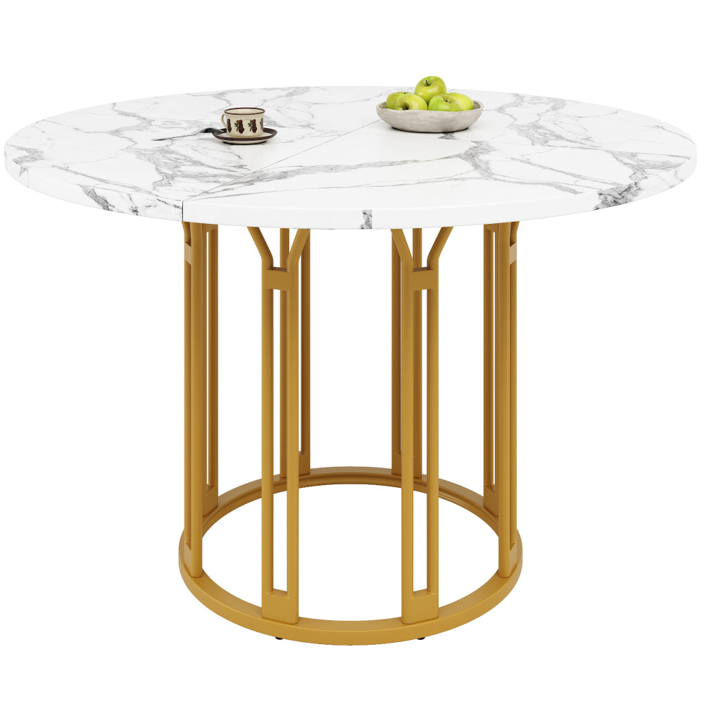 Ronde Eettafel – Eetkamertafel – Ontbijttafel – Keukentafel – Tafel Rond – Marmerlook Wit Goud – Stevige Metalen Poot – Gebruiksklaar Zonder Montage