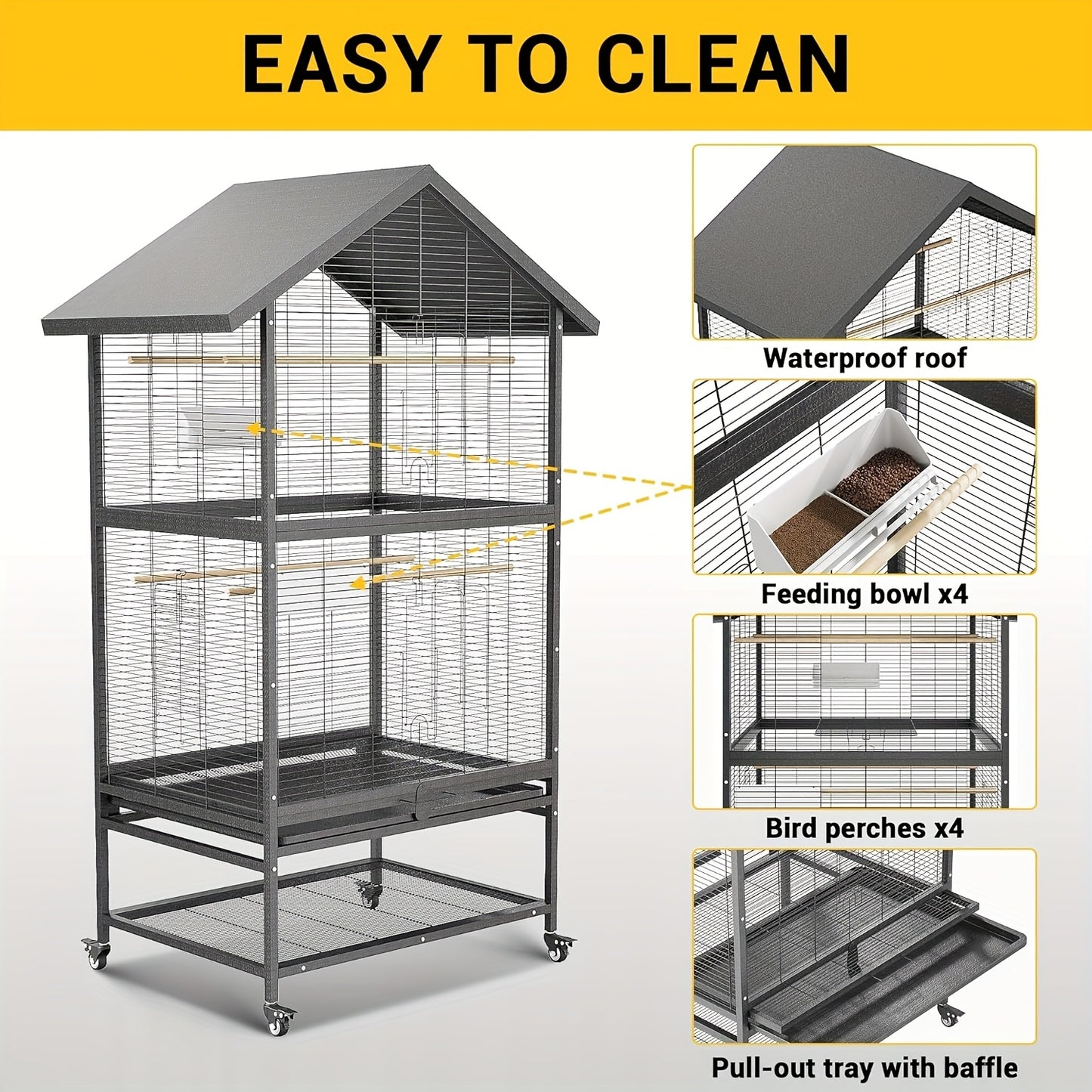 Vogelkooi – Volière – Vogelkooi Groot – Kooi Papegaaien – Vogelkooi Met Wielen – Heavy-Duty Smeedstaal – Extra Ruim Speeloppervlak 80x60 cm