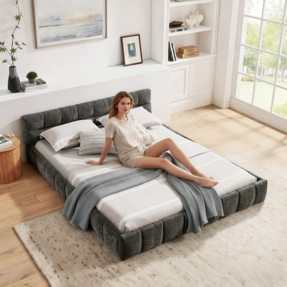 Bedframe – Tweepersoonsbed – Ledikant – Slaapbank – Platformbed – Donkergrijs Chenille – 160x200 cm – Stevig Eucalyptus Hout & IJzeren Frame