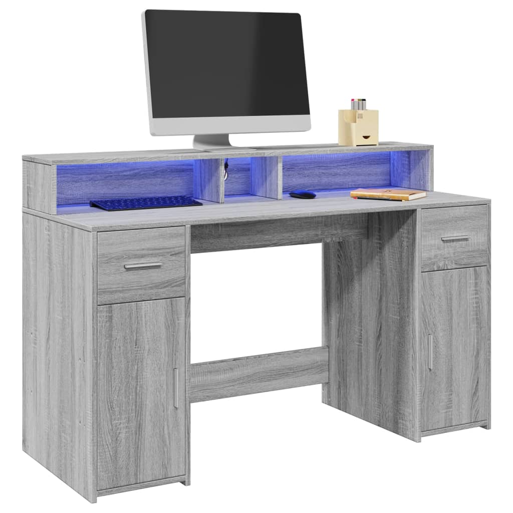 Laptoptablet bureau – bureau – werkplek – gamingbureau – thuiswerkplek – RGB LED-verlichting – duurzaam bewerkt hout – grijs Sonoma 140x55x91 cm