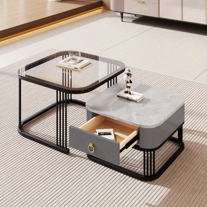 Bijzettafel – Koffietafel – Salontafel – Nachtkastje – Bijzettafeltje – Set Van 2 – Hoogglans Marmerlook Tafelblad – Zwarte Metalen Pooten Met Laden