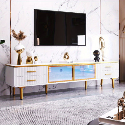 TV Meubel – Lowboard – Entertainmentkast – Sideboard – Dressoir – 4 Lades – Bruin Gehard Glas – 170 cm Hoogte – Marmerlook & Gouden Handvaten
