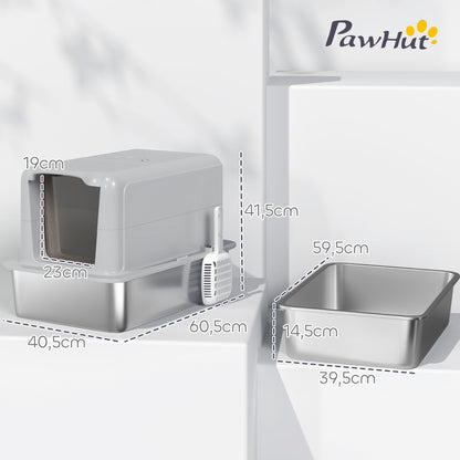Kattenbak – Kattentoilet – Kattenbak Zwart – Kattenbak Open – Gesloten Kattenbak – Roestvrijstalen Binnenbak – Geurfilter Met Schep – Ruim Voor Katten Tot 6 Kg – Grijs/Zilverkleurig 40,5x60,5x41,5 cm
