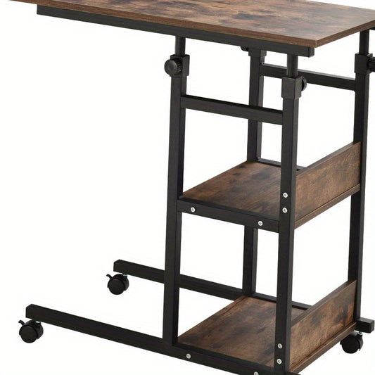 Zijtafel – Bijzettafel – Salontafel – Verstelbare Tafel – Wieltjes Tafel – Metalen Constructie – Verstelbare Hoogte 80x40x72,8 cm – Twee Planken – Bruin
