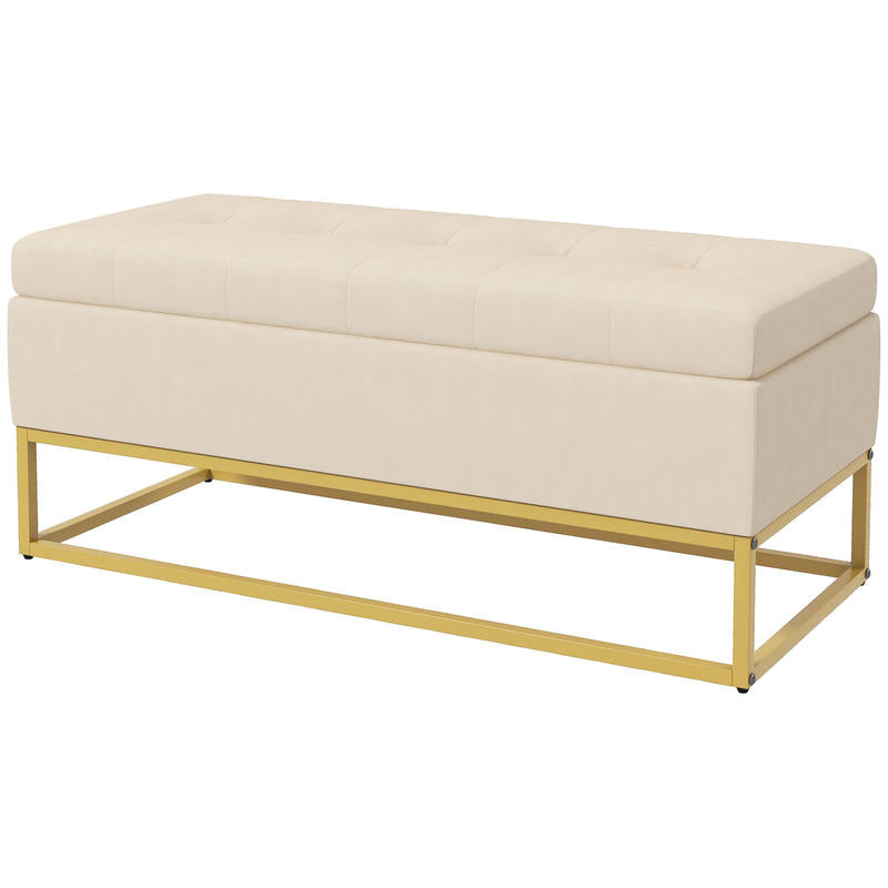 Storage Bench with Decorative Button Tufting, Flannel Look, Gold Steel Legs, 110 x 47 x 46.5 cm