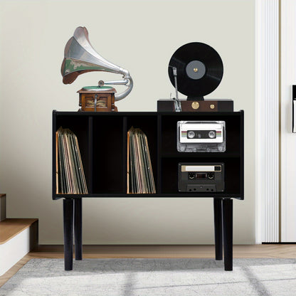 Modern Black Vinyl Record Player Stand with Storage Cabinet - Heavy-Duty MDF & Iron Construction, 80.01cm x 68.07cm x 39.88cm Turntable Stand with 4-Tier Shelves, Holds 220 Vinyl Records, Space-Saving Design for Living Room,