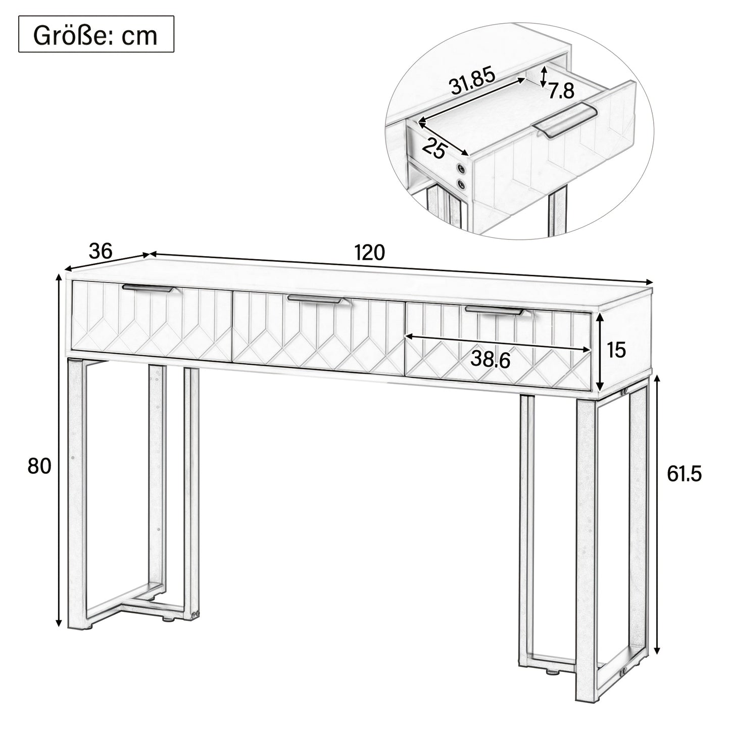 Console Tafel – Haltafel – Bijzettafel – Kaptafel – Opbergtafel – Goud Metaal Frame – 3 Lades – Afmeting 120x36x80 cm – Zonder Elektriciteit