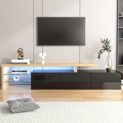 Modern TV Stand with Glass Shelves & Wood-Look Finish - High-Gloss Black Metal Frame, Practical Storage Space, Minimalist Design for Living Room Entertainment, Entertainment Unit, Decorative Accents, Sleek Construction
