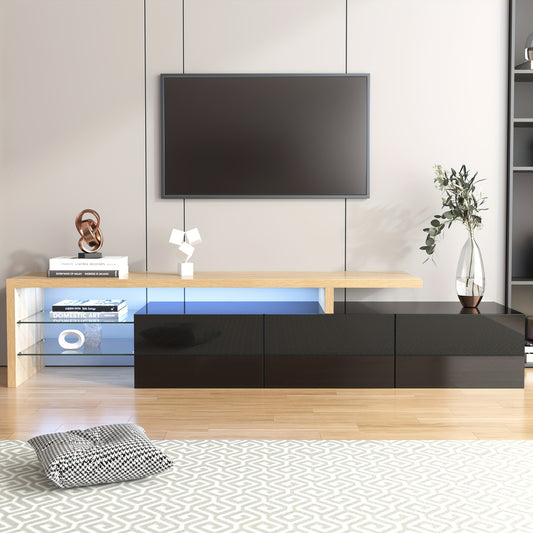 Modern TV Stand with Glass Shelves & Wood-Look Finish - High-Gloss Black Metal Frame, Practical Storage Space, Minimalist Design for Living Room Entertainment, Entertainment Unit, Decorative Accents, Sleek Construction