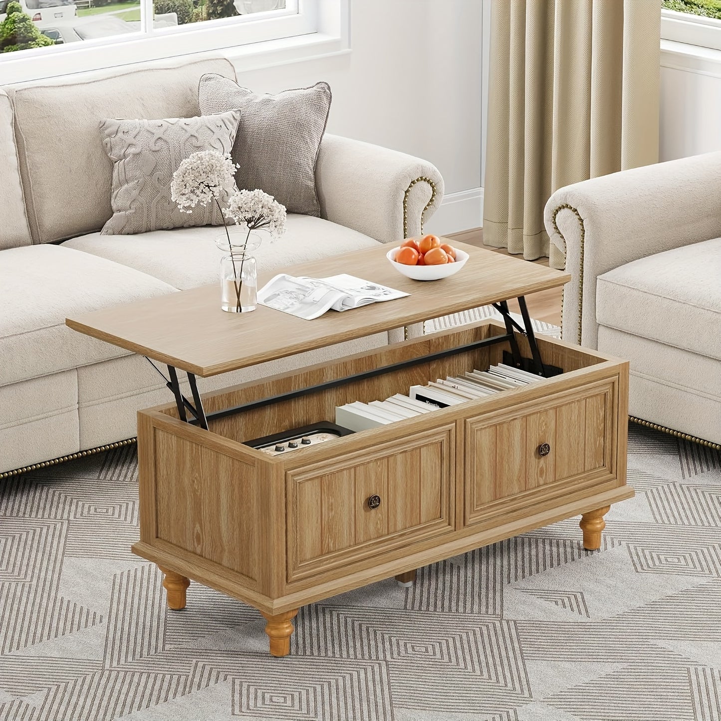Salontafel – Koffietafel – Bijzettafel – Eettafel – Lift tafel – Verstelbaar Liftblad – Verborgen Opbergruimte – MDF Hout - Natuurlijk Hout