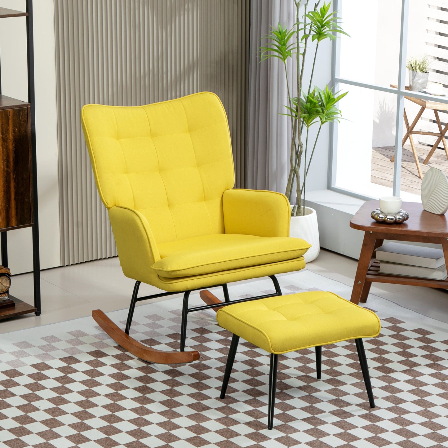 Draaifauteuil – Fauteuil – Relaxstoel – Stoel Met Voetenbankje – Loungefauteuil – Scandinavisch Design – Beukenhouten Frame – 360 Graden Draaibaar – Geel – 64x89x90 cm