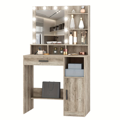 Dressing Table With Mirror, Dressing Table With LED Mirror, Dressing Makeup Table With 3 Shelves And 4 Open Compartments, With Large Drawer And Wardrobe