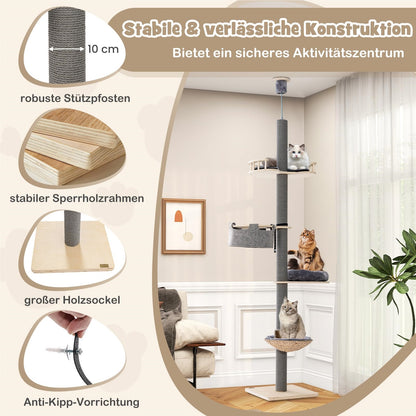 Krabpaal – Krabmeubel – Kattenpaal – Krabton – Klimpaal – Verstelbaar 236-271 cm – Vloer tot Plafond Design – 5 Niveaus Met Hangmat & Mandje – Natuurlijk Multiplex – Ruimtebesparend Grijs Natura
