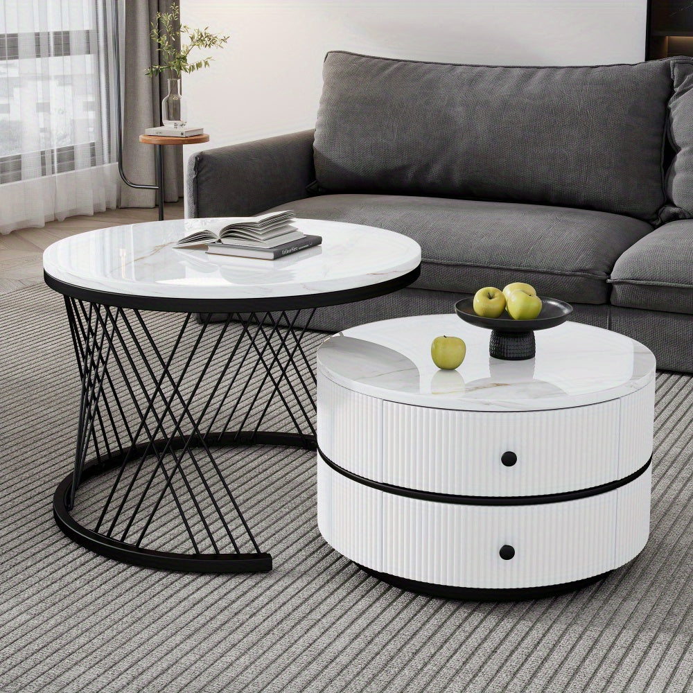 Salontafel Set – Koffietafel Set – Bijzettafel Set – Nestbare Tafels – Ronde Salontafels – Hoogglans Marmerlook – 2 Drawers – 60x60 & 50x50 cm - Wit