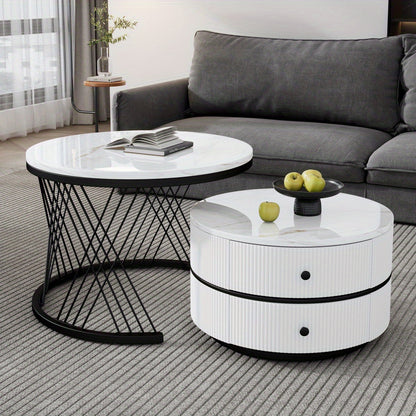 Salontafel Set – Koffietafel Set – Bijzettafel Set – Nestbare Tafels – Ronde Salontafels – Hoogglans Marmerlook – 2 Drawers – 60x60 & 50x50 cm - Wit