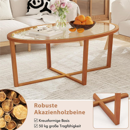 Salontafel – Woonkamertafel – Theetafel – Bijzettafel – Glazen tafel – Ovaal – Gehard glas – Massief acaciahouten poten – 118 x 71,5 x 47,5 cm