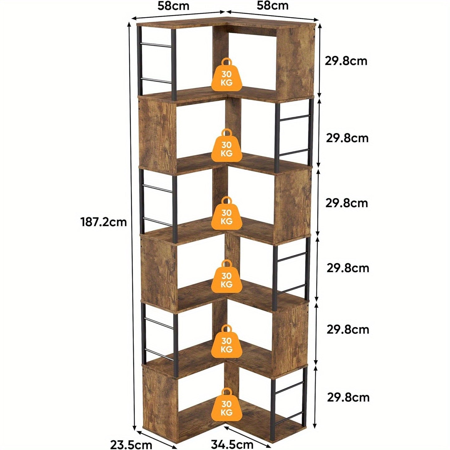 Hoekboekenplank – Hoekrek – Boekenrek – Opbergkast – Boekenkast – Industrieel Design – 7 Lagen – Stalen Frame – 188 cm Hoog – Zwart/Bruin