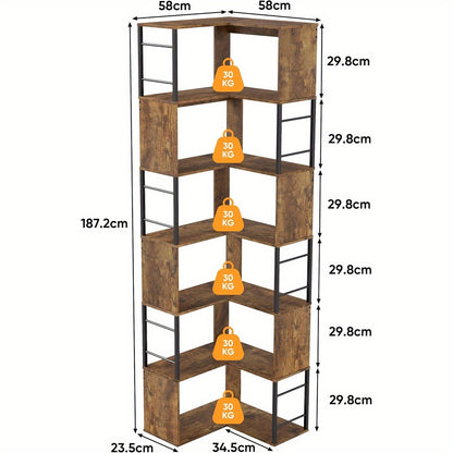 Hoekboekenplank – Hoekrek – Boekenrek – Opbergkast – Boekenkast – Industrieel Design – 7 Lagen – Stalen Frame – 188 cm Hoog – Zwart/Bruin