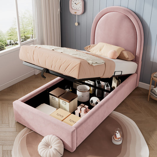 Eenpersoonsbed – Eenpersoonsbedframe – Kinderbed – Jeugdbed – Logeerbed – Vintage Fluwelen Gestoffeerd – Opbergruimte – 90x200 cm – Zonder Matras – Pastelroze – Eenvoudige Montage