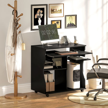 Computerbureau – Bureau Met Wieltjes – Mobiel Bureau – Werktafel – Laptoptafel – Zwart – Compact Formaat 80x48x75 cm – Ingebouwde Opbergruimte