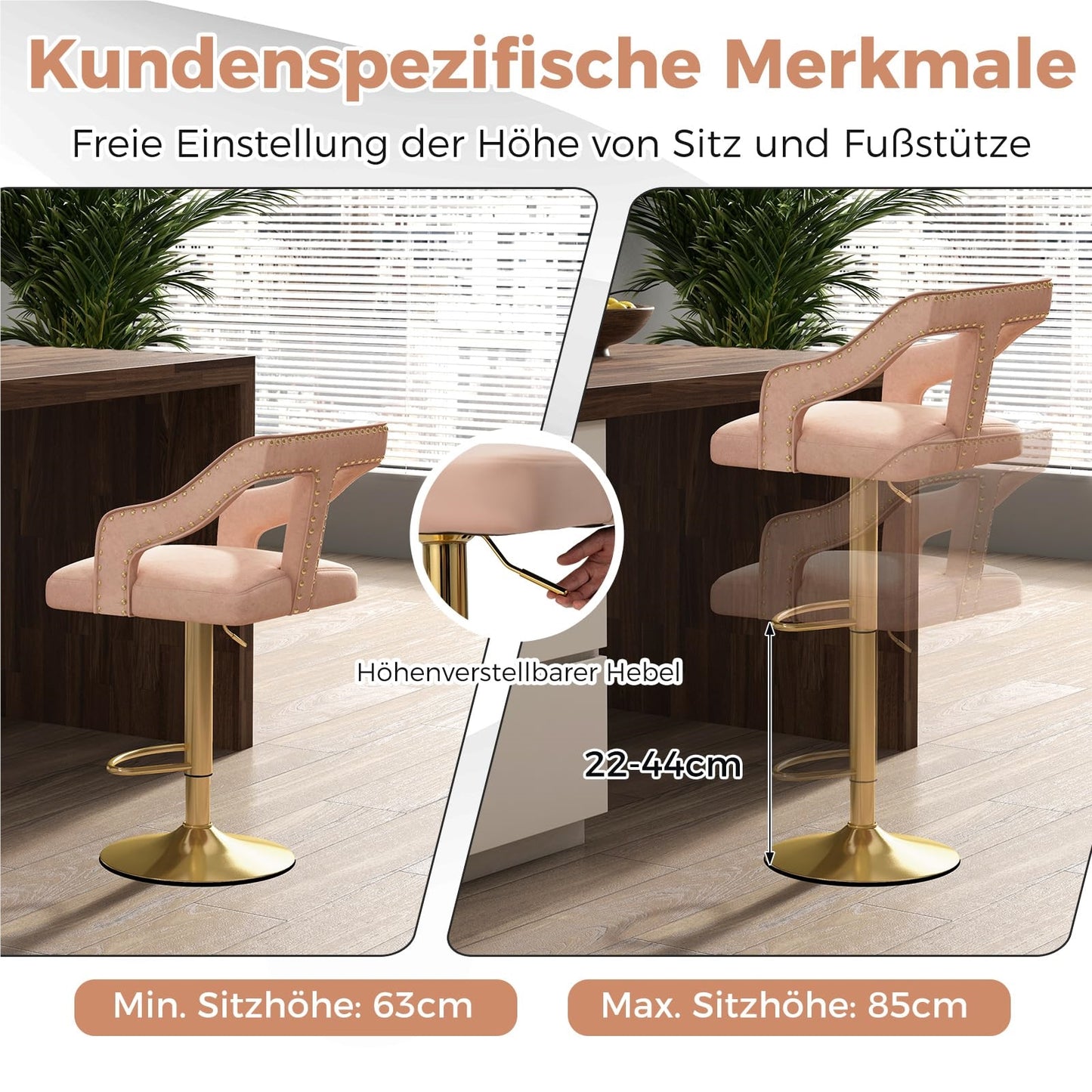 Barstoel – Barkruk – Barstoel Kruk – Keukenstoel – Barstoel Set Van 2 – Verstelbare Zithoogte 63-85 cm – Zachte Roze Velvet Bekleding
