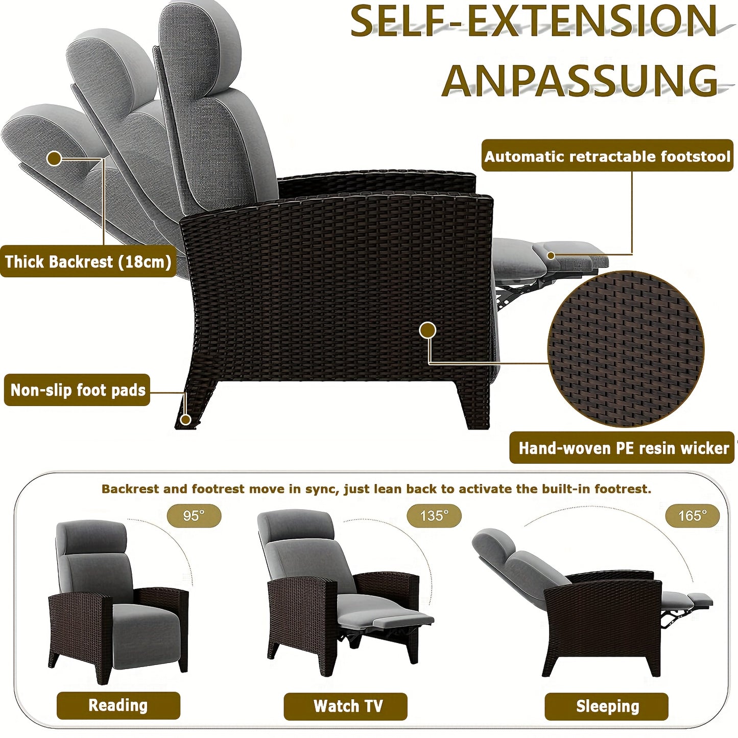 Loungestoel – Loungebank – Tuinstoel – Relaxstoel – Rotan Stoel – Grijs Met Inklapbare Tafel – Memory Foam Kussen – Verstelbare Rugleuning