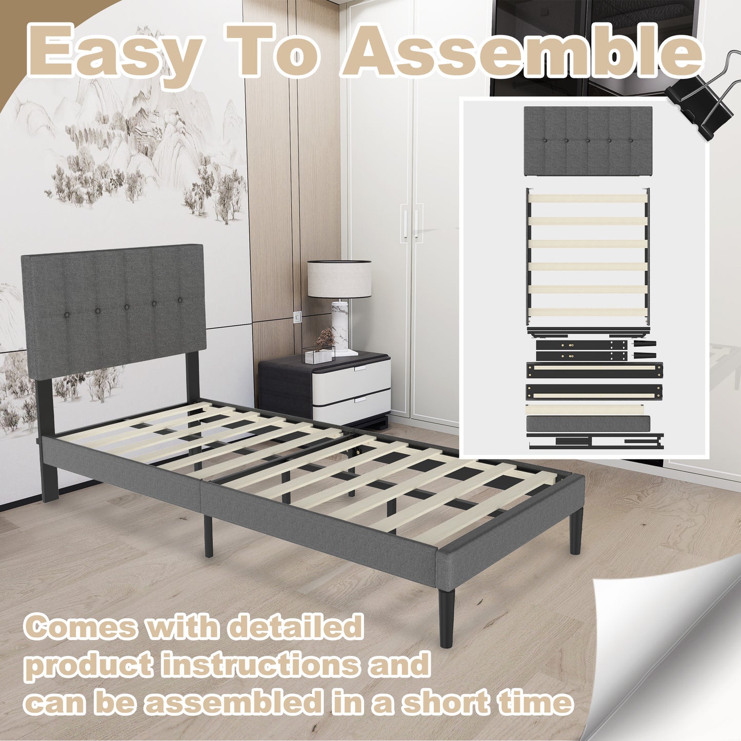 Bedframe – Metalen Bed – Logeerbed – Stijlvol Bed – Slaapbed – Linnen Hoofdeinde – 12 Lattenbodem – Max Belastbaarheid 300 KG – Modern Design – 90x200 cm Dunkelgrau