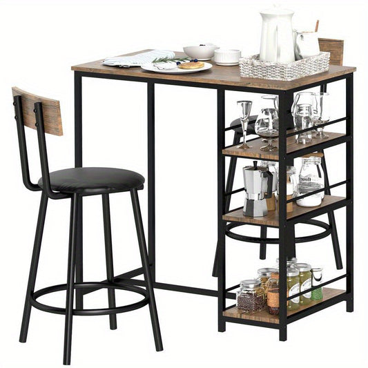 3-in-1 Barset – Bartafel – Hoogtafel – Bistroset – Eethoek – Ruimtebesparend – Stevig MDF en Metaal – Inclusief 2 Comfortabele Stoelen met Kussens