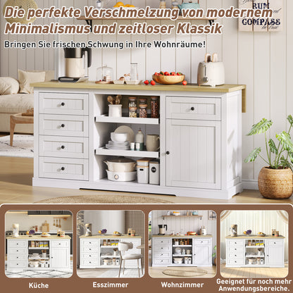 Sideboard, Kitchen Island, Wine Cabinet with 5 Drawers, 2 Pull-Out Shelves, Foldable Extension, Suitable for Kitchen, Dining Room, and Living Room, White, 150×65×75cm,  Spacesaving Furniture, Modern Sideboard, Minimalist Fu