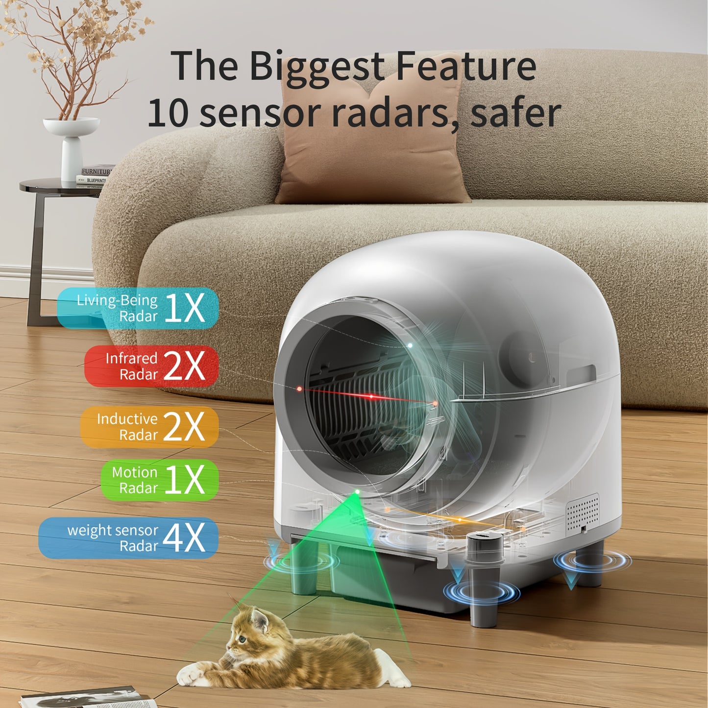 Automatische Kattenbak – Zelfreinigende Kattenbak – Elektrische Kattenbak – Kattenbak Met App – Kattenbak Voor Meerdere Katten – 10 Veiligheidssensoren – Geavanceerde Geurbestrijding – 100L Capaciteit – Zwart Oval Design