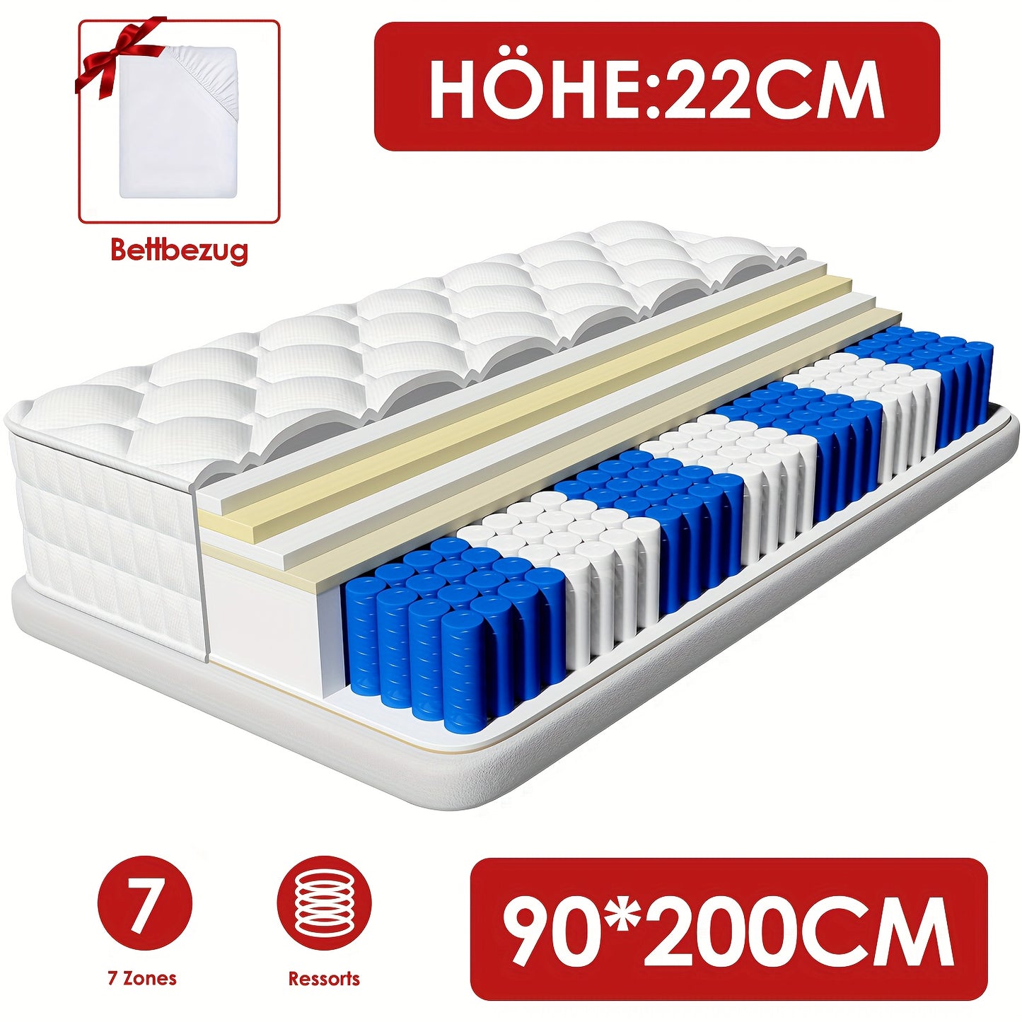 7-Zone Pocket Spring Mattress with Removable Washable Cover - 140x190cm/90x200cm, H3 Firmness Level, 22cm Height, 7-Zone Independent Springs for Motion Isolation & Support, Breathable Design, No Power Required, Ideal for Adul