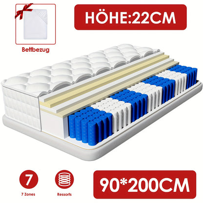 7-Zone Pocket Spring Mattress with Removable Washable Cover - 140x190cm/90x200cm, H3 Firmness Level, 22cm Height, 7-Zone Independent Springs for Motion Isolation & Support, Breathable Design, No Power Required, Ideal for Adul