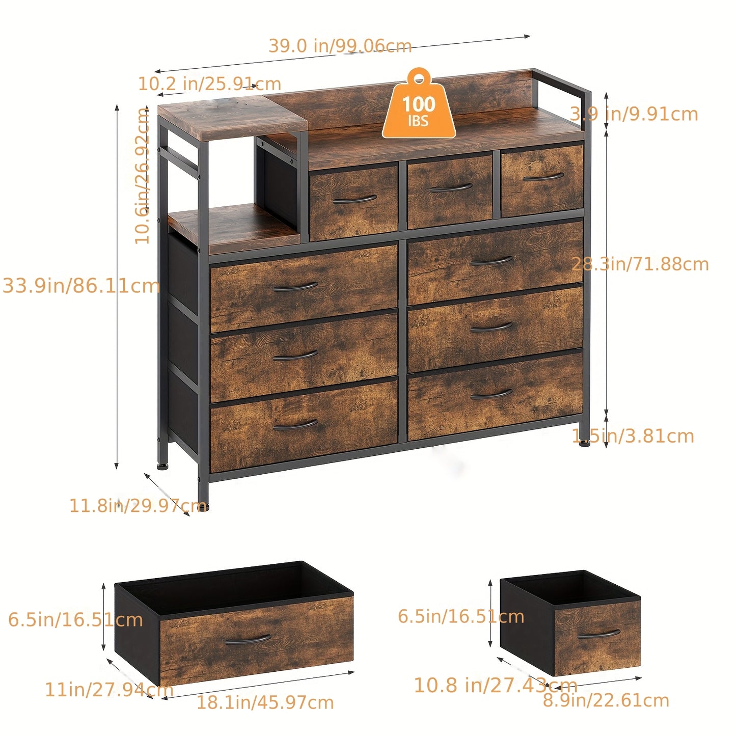 Ladekast 9 Lades – Ladekast Met Laden – Ladekast Opbergkast – Ladekast Kledingkast – Bruine Ladekast Rustiek – Stalen Frame Met Houten Bovenblad – 3,2 Kubieke Voet Opbergruimte