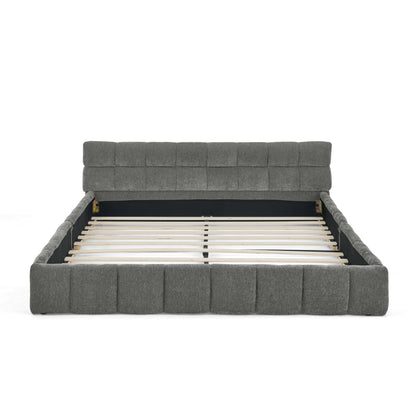 Tweepersoonsbed – Bed – Slaapbed – Bedframe – Ledikant – Beige Chenille Bekleding – 160x200 cm – Stevig Eucalyptushout en IJzeren Frame