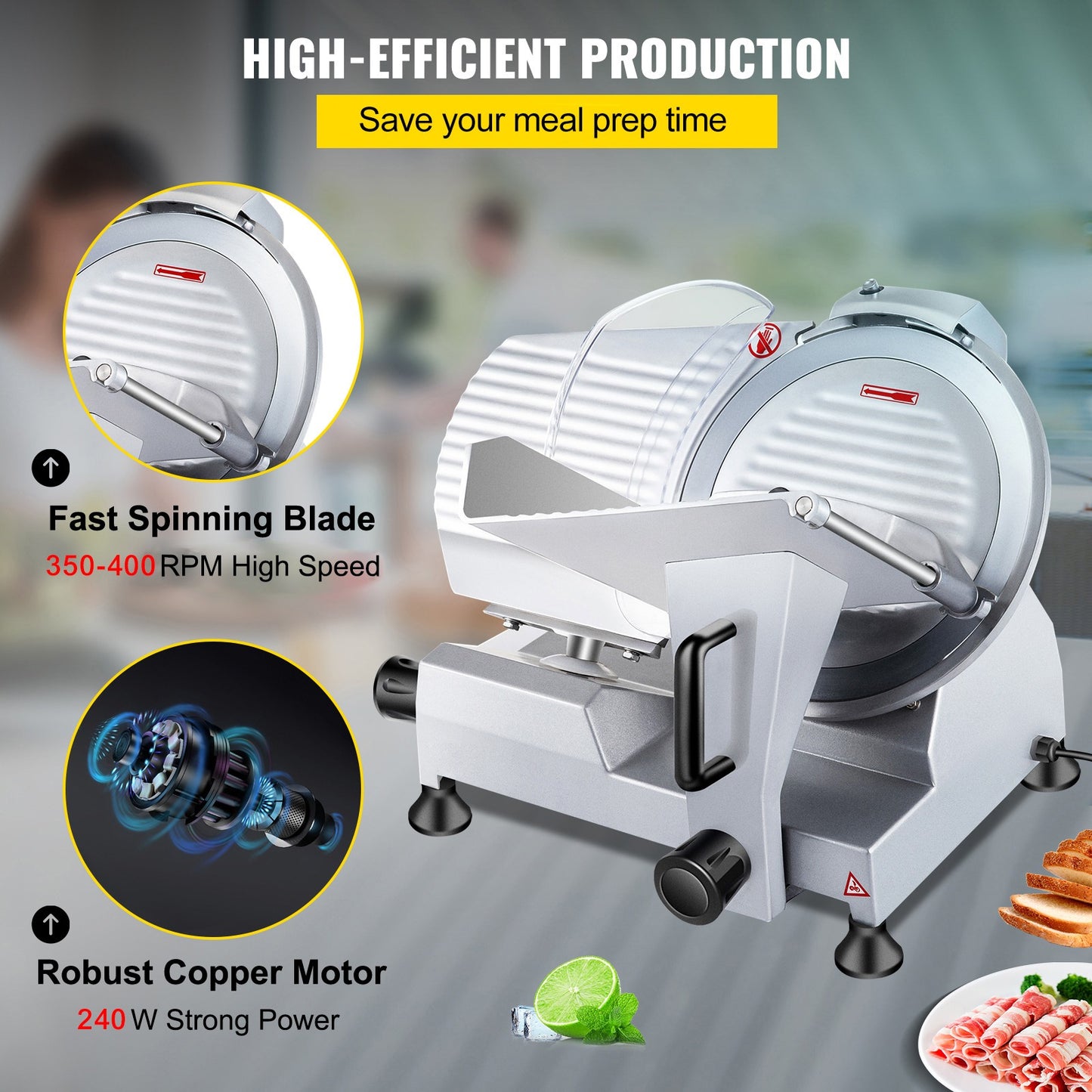 Elektrische Allessnijder – Vlees Snijmachine – Kaassnijder – Groentesnijder – Broodsnijder – Aluminium & RVS – 250 mm Carbon Stalen Mes – 240W Motor 350-400 RPM