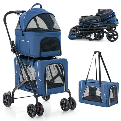 Hondenbuggy – Huisdierenwagen – Wandelwagen – Dierenbuggy – Transportbox – 3-in-1 Opvouwbaar – Oxford Stof & Metaal – Tot 16 kg – Ventilatie Gaasvensters & Opbergvakken – Blauw