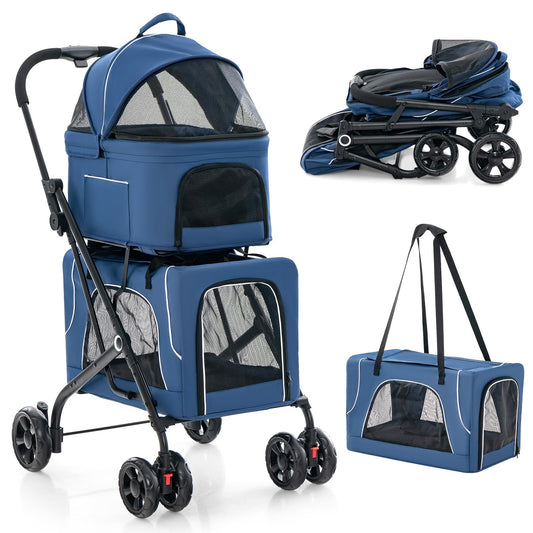 Hondenbuggy – Huisdierenwagen – Wandelwagen – Dierenbuggy – Transportbox – 3-in-1 Opvouwbaar – Oxford Stof & Metaal – Tot 16 kg – Ventilatie Gaasvensters & Opbergvakken – Blauw