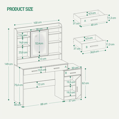 Sieradenkast – Kaptafel – Spiegelkast – Juwelenkast – Opbergkast – Groot Tafelblad – LED Verlichting – 3 Lades & 1 Kast – Wit – 40x130x149 cm