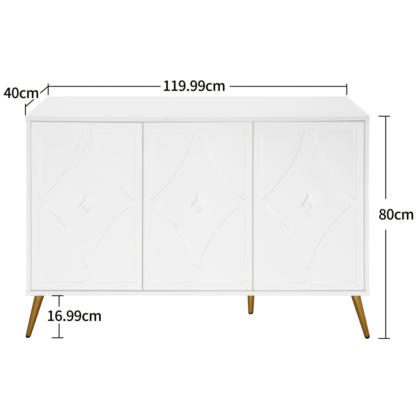 Modern White Metal Storage Cabinet with 3D Carved Pattern Doors & Golden Legs - Large Contemporary Sideboard with 3 Doors, Spacious Multi-Compartment Design for Living Room, Hallway, Bedroom - Durable Metal Construction, Eleg
