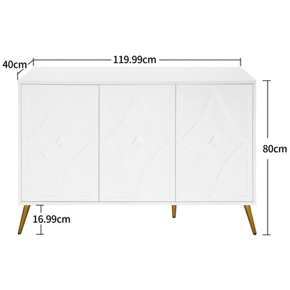 Modern White Metal Storage Cabinet with 3D Carved Pattern Doors & Golden Legs - Large Contemporary Sideboard with 3 Doors, Spacious Multi-Compartment Design for Living Room, Hallway, Bedroom - Durable Metal Construction, Eleg