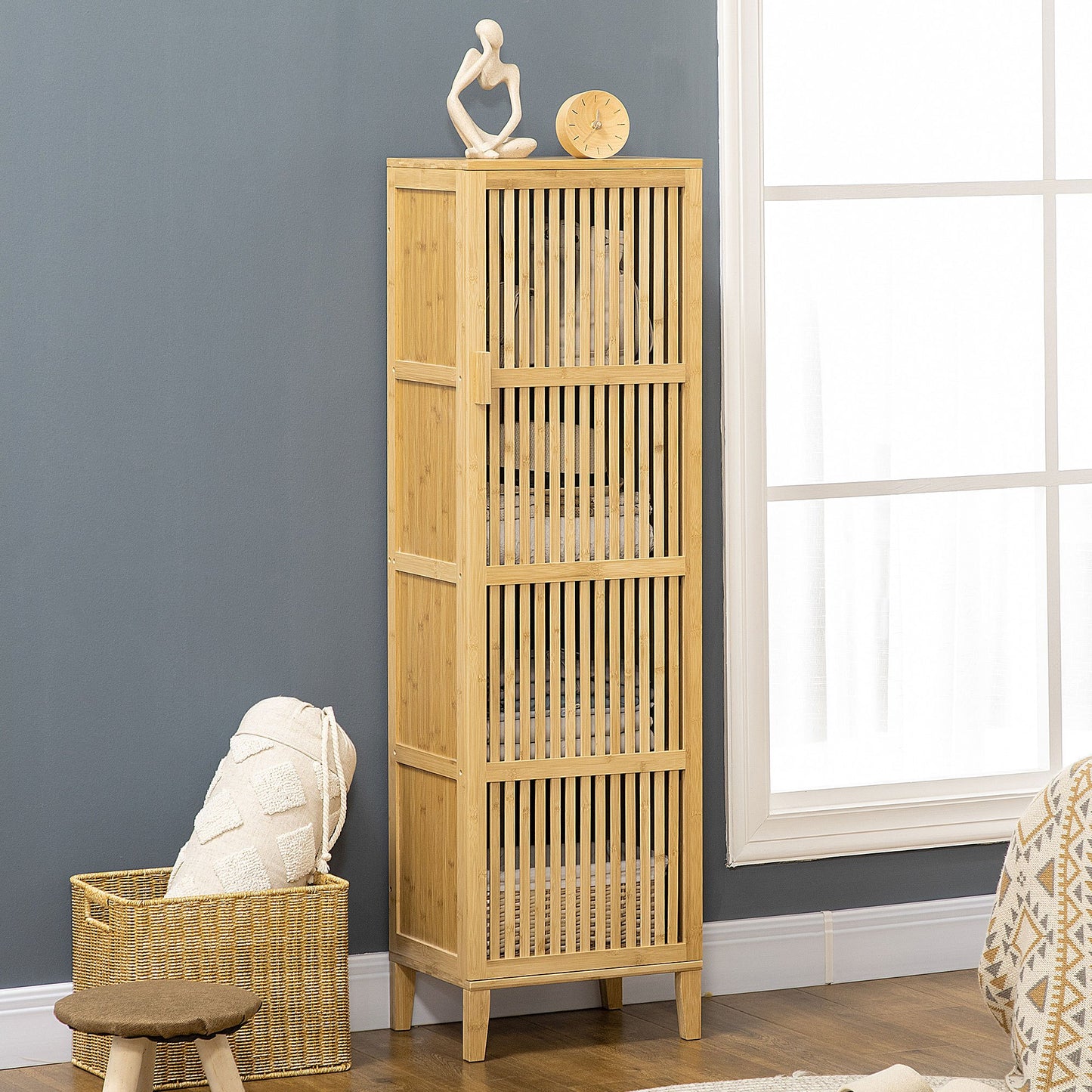 Bamboekast – Opbergkast – Badkamerkast – Boekenkast – Ladekast – Natuurmateriaal Bamboe – 4 Niveaus Met Latten Deuren – Compact 40x30x140 cm