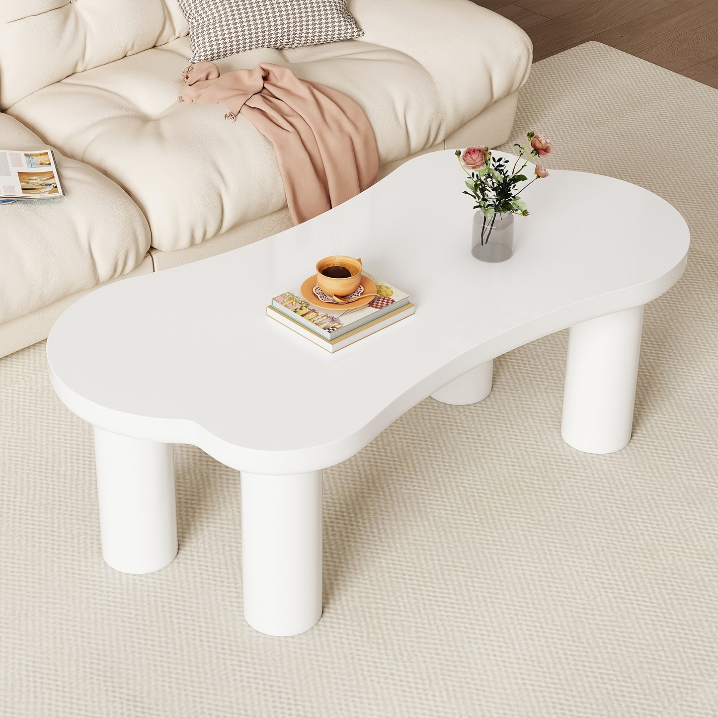 Salontafel Botvormig – Bijzettafel – Koffietafel – Woonkamer Tafel – Wit – MDF Tafelblad – Hardhouten Poten Met PVC Coating