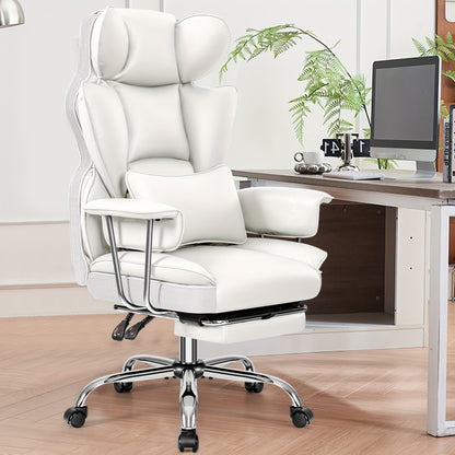 Bureaustoel – Ergonomische Stoel – Office Chair – Gamestoel – Draaistoel – Hoge Rugleuning – Lendensteun – Met Voetensteun – Wit Kunstleer – 360° Draaibaar – Metaal Frame
