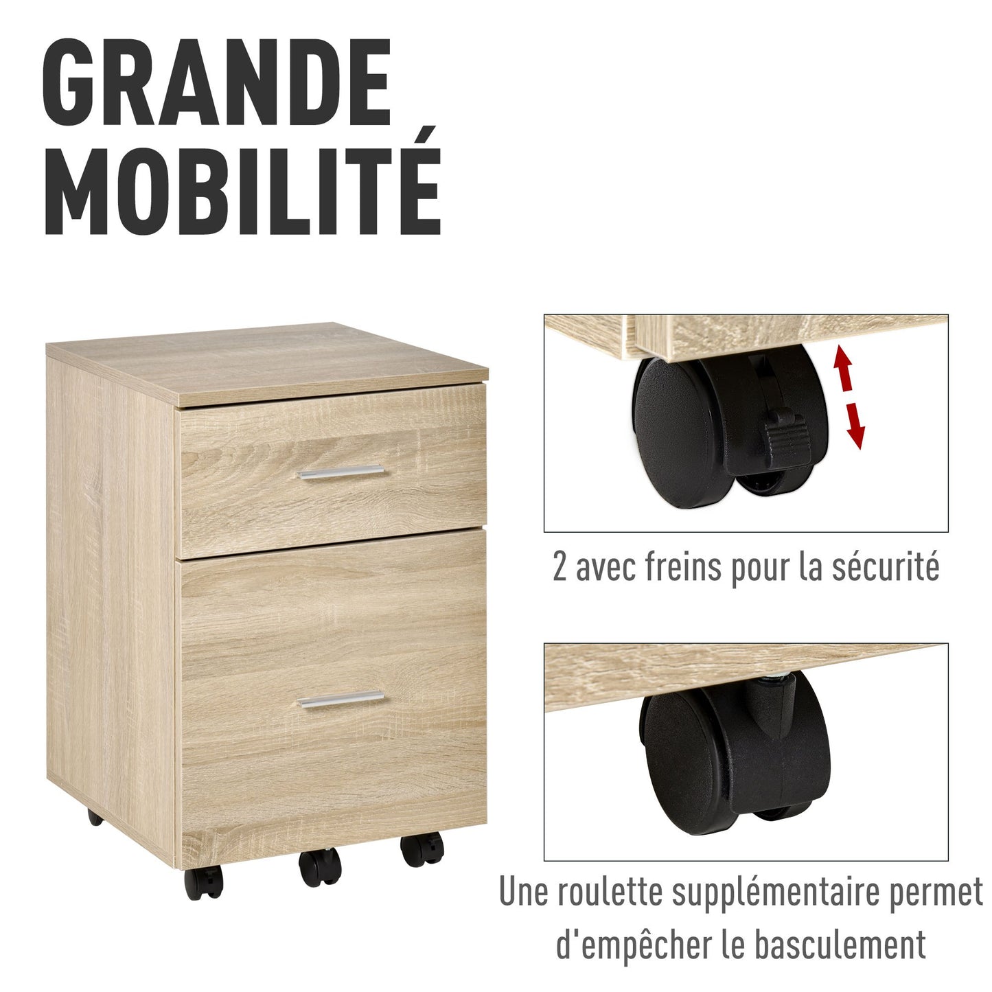Opbergkastje Bureau – Ladekastje – Bureau Organizer – Kantoorkastje – Mobiele Opberger – Compact 39,5x39x58,5 cm – Spaanplaat Eikenhout Look – 5 Wieltjes Met Remmen
