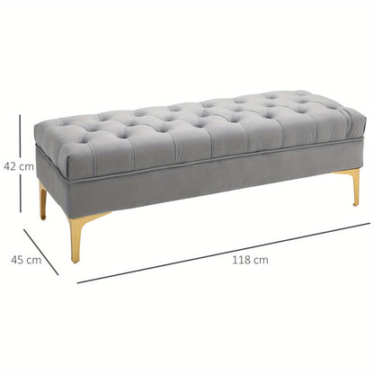 Bankje – Zitbank – Poef – Hocker – Velvet Gestoffeerd – Lichtgrijs – Gouden Metalen Poten – 118x45x42 cm – Zachte Comfortabele Zitting